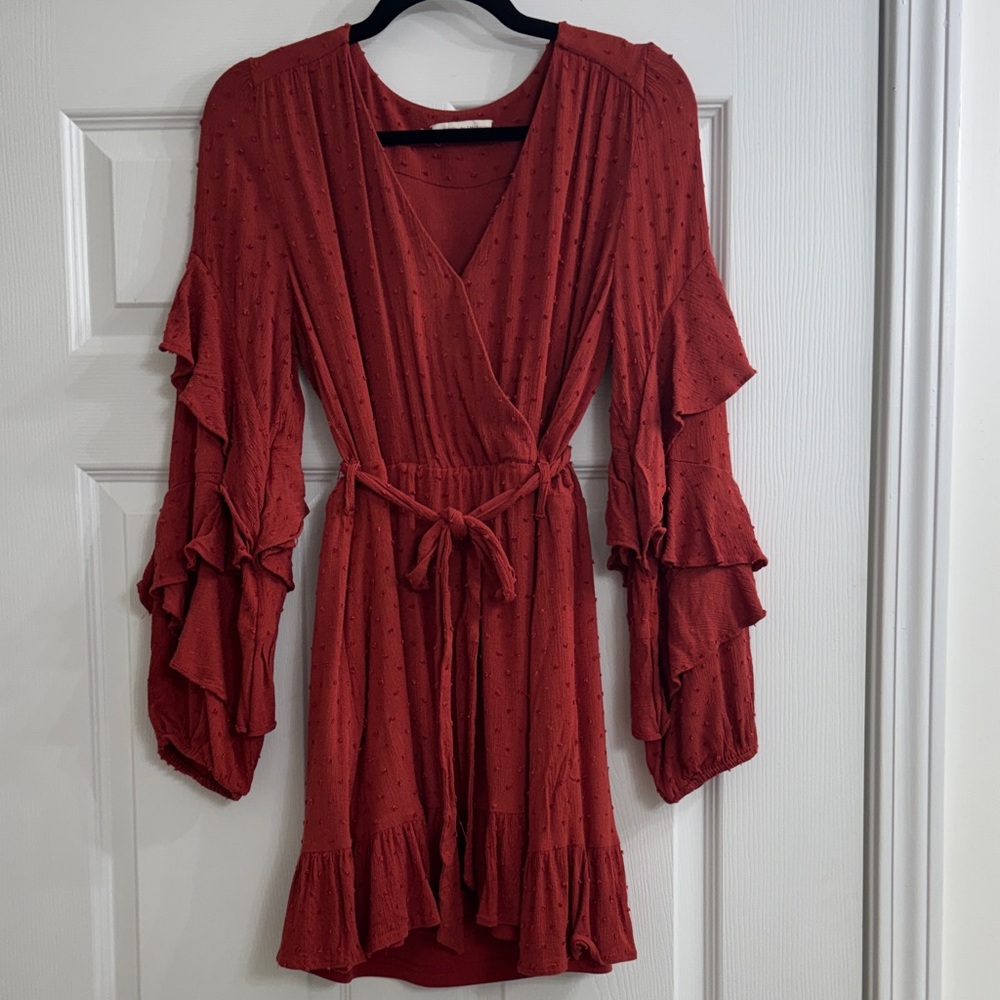 Elegant Rust Ruffle Sleeve Dress